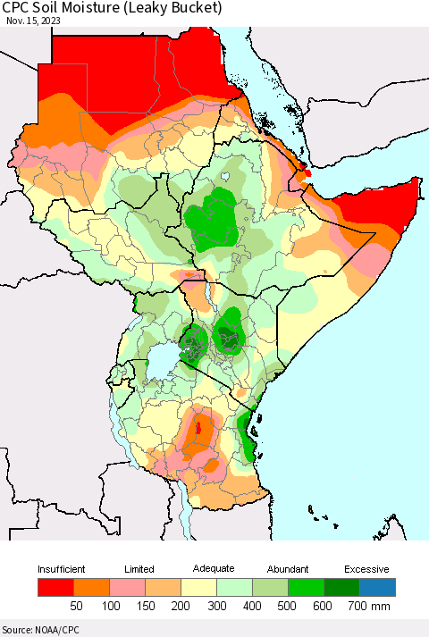 Eastern Africa CPC Soil Moisture (Leaky Bucket) Thematic Map For 11/11/2023 - 11/15/2023