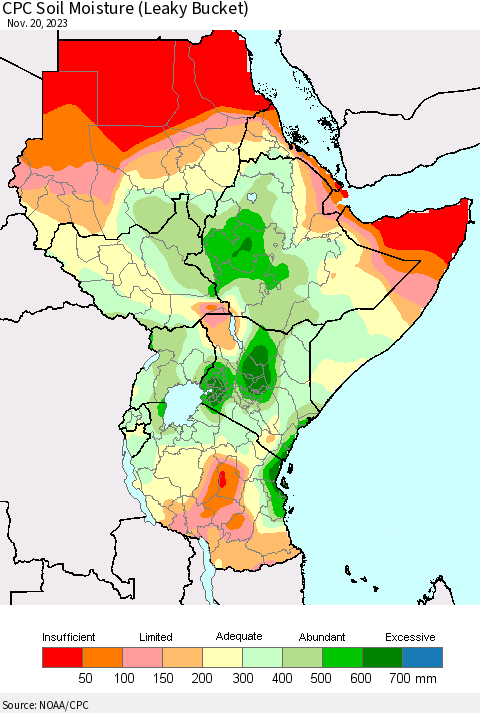 Eastern Africa CPC Soil Moisture (Leaky Bucket) Thematic Map For 11/16/2023 - 11/20/2023
