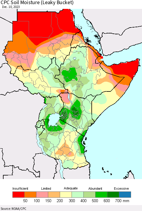 Eastern Africa CPC Soil Moisture (Leaky Bucket) Thematic Map For 12/6/2023 - 12/10/2023
