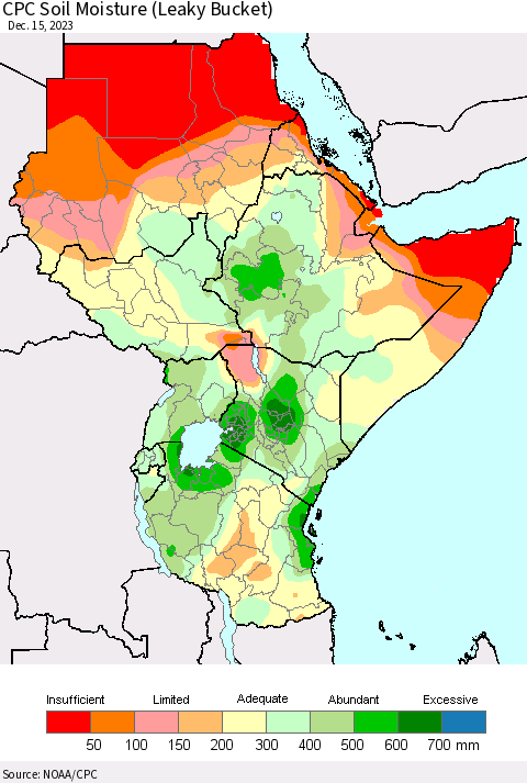 Eastern Africa CPC Soil Moisture (Leaky Bucket) Thematic Map For 12/11/2023 - 12/15/2023