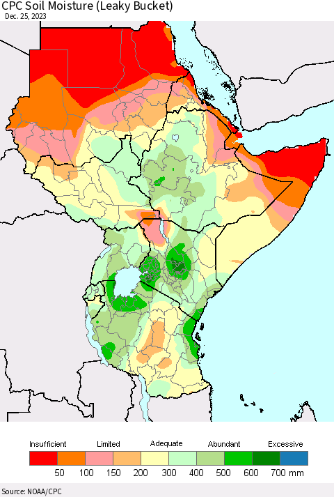 Eastern Africa CPC Soil Moisture (Leaky Bucket) Thematic Map For 12/21/2023 - 12/25/2023