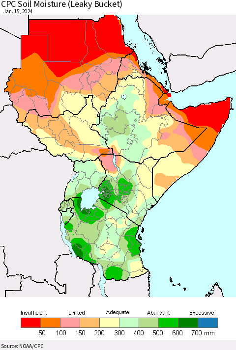 Eastern Africa CPC Soil Moisture (Leaky Bucket) Thematic Map For 1/11/2024 - 1/15/2024