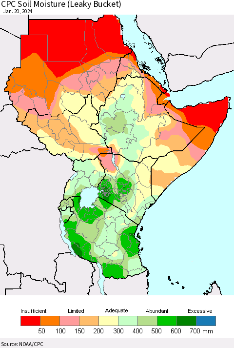 Eastern Africa CPC Soil Moisture (Leaky Bucket) Thematic Map For 1/16/2024 - 1/20/2024