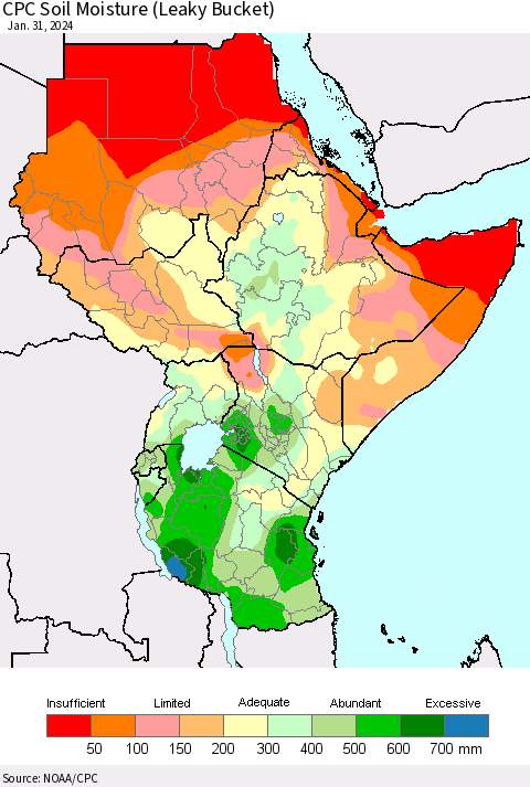 Eastern Africa CPC Soil Moisture (Leaky Bucket) Thematic Map For 1/26/2024 - 1/31/2024