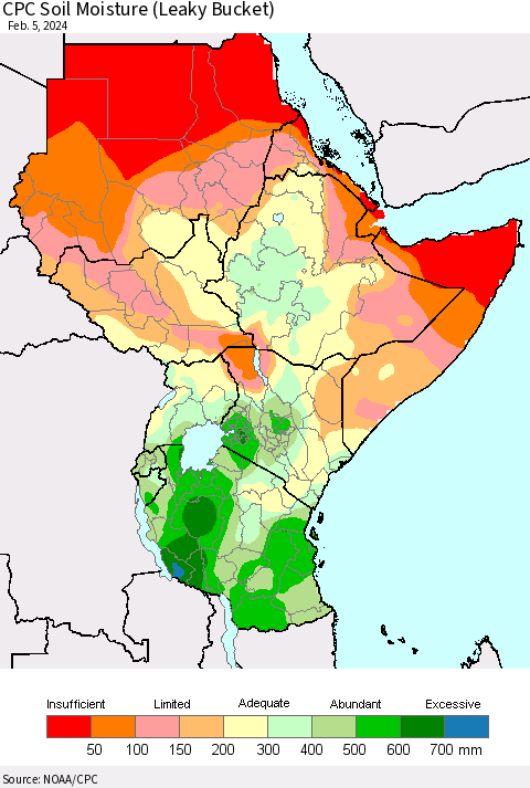 Eastern Africa CPC Soil Moisture (Leaky Bucket) Thematic Map For 2/1/2024 - 2/5/2024