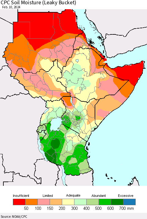 Eastern Africa CPC Soil Moisture (Leaky Bucket) Thematic Map For 2/6/2024 - 2/10/2024