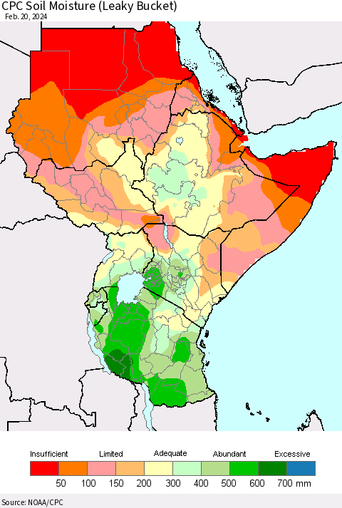 Eastern Africa CPC Soil Moisture (Leaky Bucket) Thematic Map For 2/16/2024 - 2/20/2024