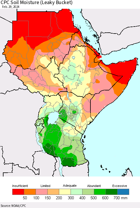 Eastern Africa CPC Soil Moisture (Leaky Bucket) Thematic Map For 2/26/2024 - 2/29/2024
