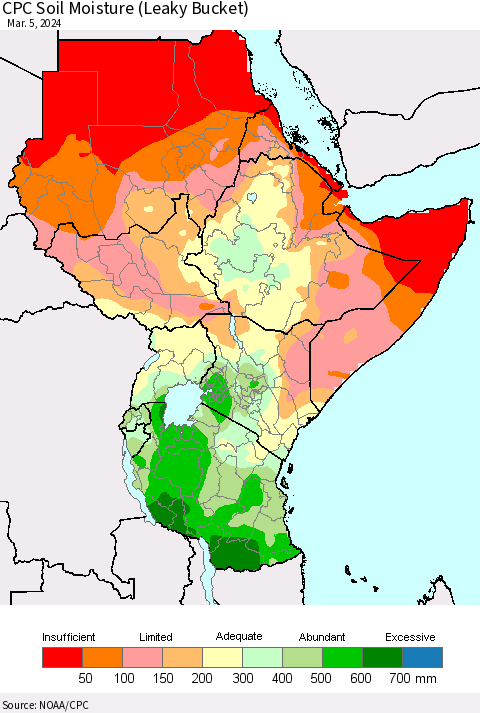 Eastern Africa CPC Soil Moisture (Leaky Bucket) Thematic Map For 3/1/2024 - 3/5/2024