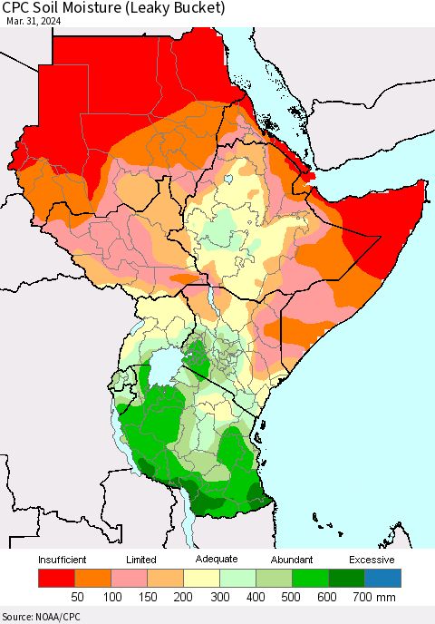 Eastern Africa CPC Soil Moisture (Leaky Bucket) Thematic Map For 3/26/2024 - 3/31/2024