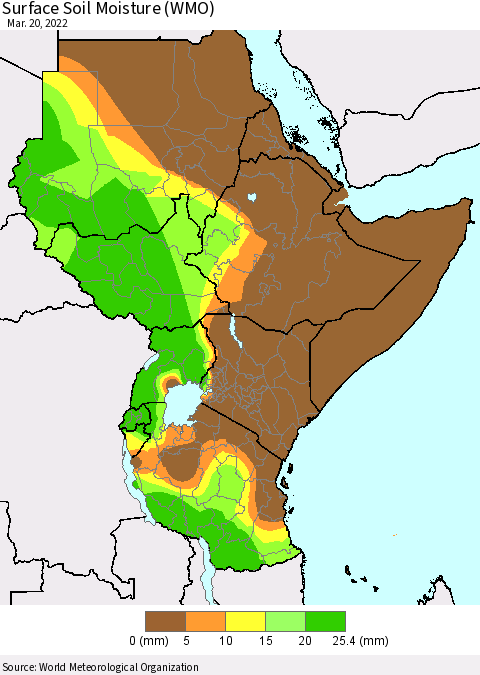 Eastern Africa Surface Soil Moisture (WMO) Thematic Map For 3/16/2022 - 3/20/2022