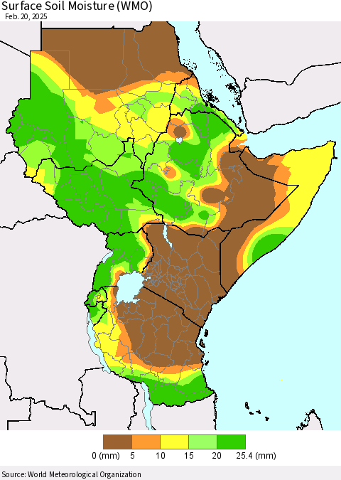 Eastern Africa Surface Soil Moisture (WMO) Thematic Map For 2/16/2025 - 2/20/2025