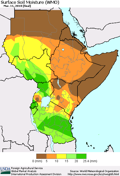Eastern Africa Surface Soil Moisture (WMO) Thematic Map For 3/5/2018 - 3/11/2018