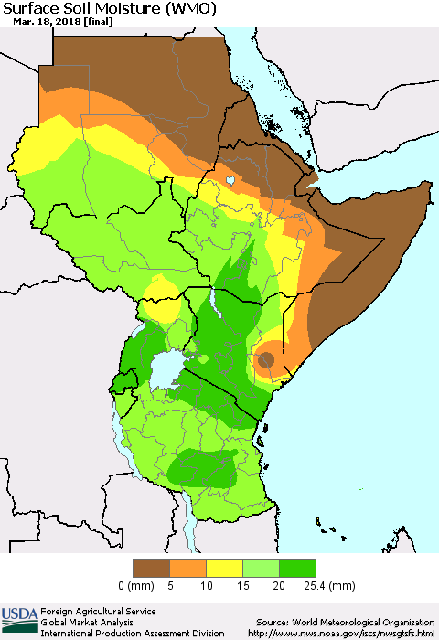Eastern Africa Surface Soil Moisture (WMO) Thematic Map For 3/12/2018 - 3/18/2018