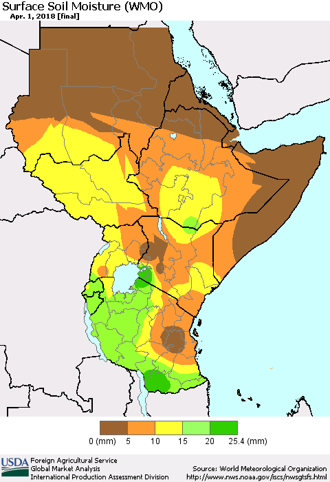 Eastern Africa Surface Soil Moisture (WMO) Thematic Map For 3/26/2018 - 4/1/2018