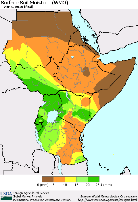 Eastern Africa Surface Soil Moisture (WMO) Thematic Map For 4/2/2018 - 4/8/2018