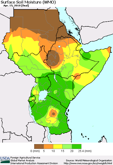 Eastern Africa Surface Soil Moisture (WMO) Thematic Map For 4/9/2018 - 4/15/2018