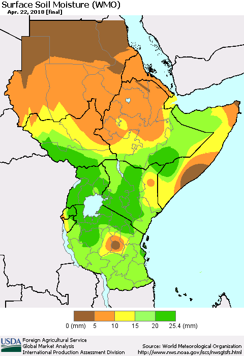 Eastern Africa Surface Soil Moisture (WMO) Thematic Map For 4/16/2018 - 4/22/2018