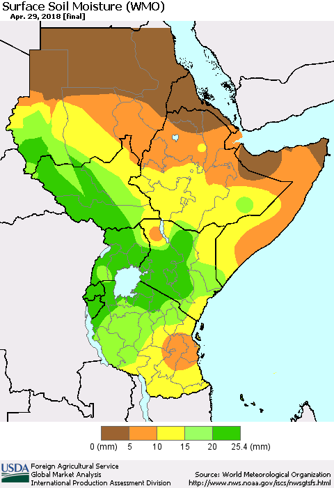 Eastern Africa Surface Soil Moisture (WMO) Thematic Map For 4/23/2018 - 4/29/2018