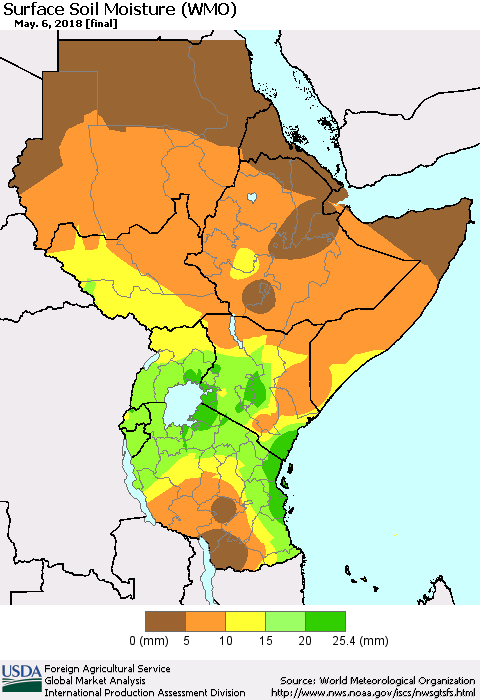 Eastern Africa Surface Soil Moisture (WMO) Thematic Map For 4/30/2018 - 5/6/2018