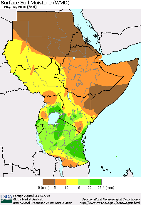 Eastern Africa Surface Soil Moisture (WMO) Thematic Map For 5/7/2018 - 5/13/2018