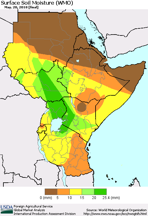 Eastern Africa Surface Soil Moisture (WMO) Thematic Map For 5/14/2018 - 5/20/2018