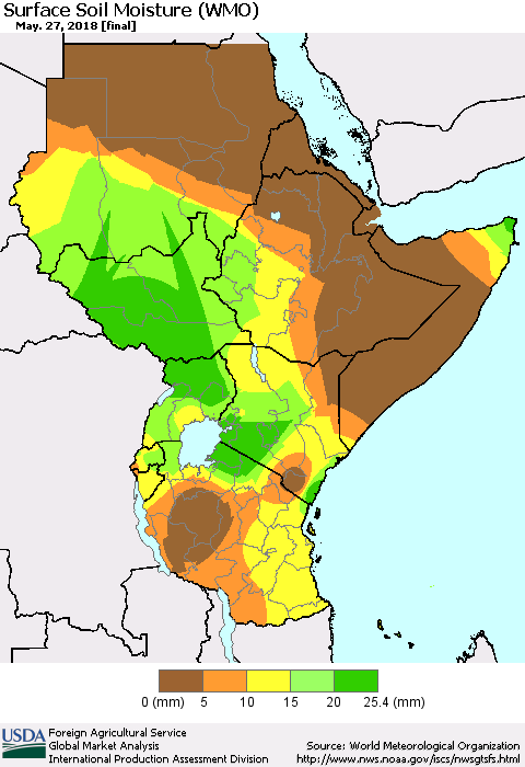 Eastern Africa Surface Soil Moisture (WMO) Thematic Map For 5/21/2018 - 5/27/2018