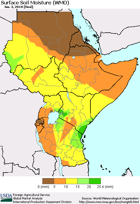 Eastern Africa Surface Soil Moisture (WMO) Thematic Map For 5/28/2018 - 6/3/2018