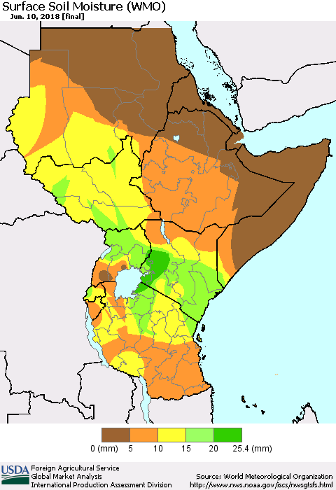 Eastern Africa Surface Soil Moisture (WMO) Thematic Map For 6/4/2018 - 6/10/2018