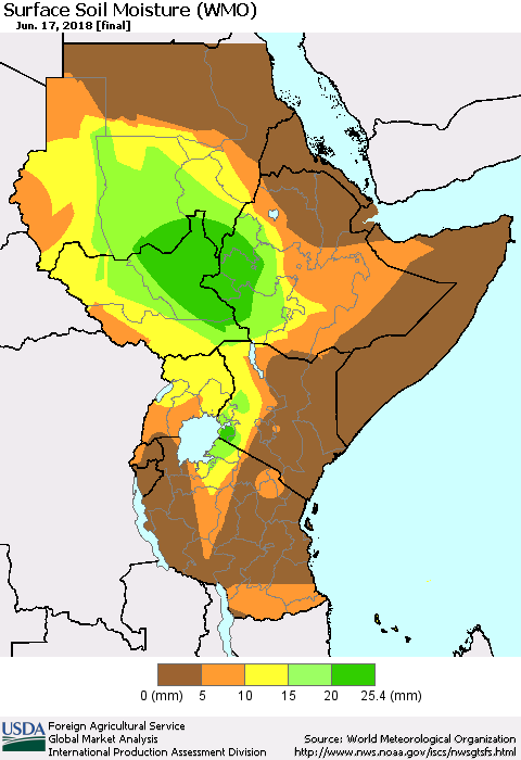 Eastern Africa Surface Soil Moisture (WMO) Thematic Map For 6/11/2018 - 6/17/2018