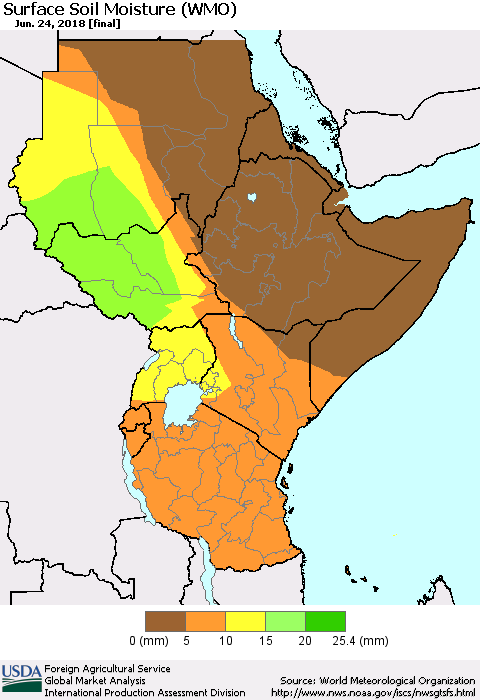 Eastern Africa Surface Soil Moisture (WMO) Thematic Map For 6/18/2018 - 6/24/2018