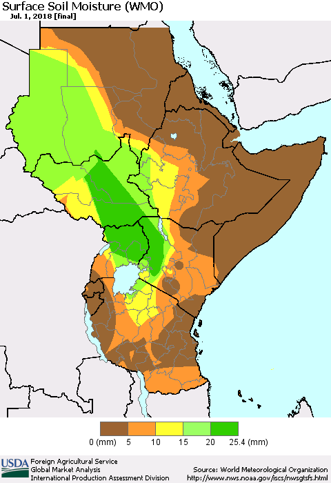 Eastern Africa Surface Soil Moisture (WMO) Thematic Map For 6/25/2018 - 7/1/2018