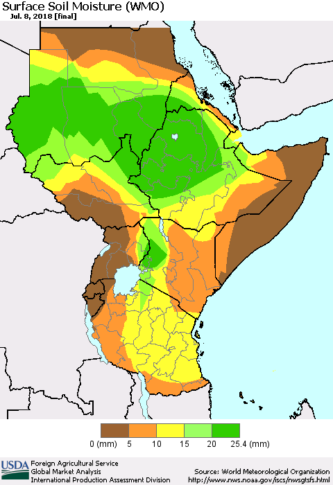 Eastern Africa Surface Soil Moisture (WMO) Thematic Map For 7/2/2018 - 7/8/2018