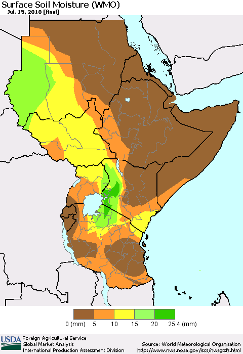 Eastern Africa Surface Soil Moisture (WMO) Thematic Map For 7/9/2018 - 7/15/2018