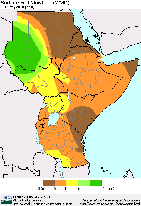 Eastern Africa Surface Soil Moisture (WMO) Thematic Map For 7/23/2018 - 7/29/2018