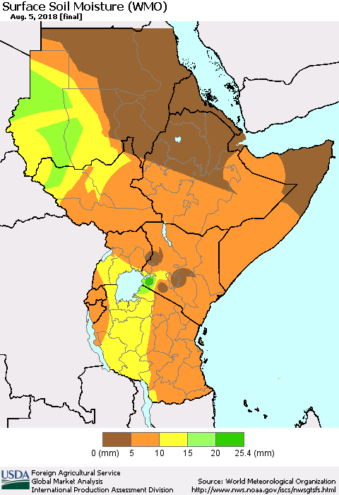 Eastern Africa Surface Soil Moisture (WMO) Thematic Map For 7/30/2018 - 8/5/2018