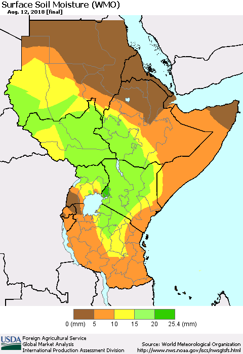 Eastern Africa Surface Soil Moisture (WMO) Thematic Map For 8/6/2018 - 8/12/2018