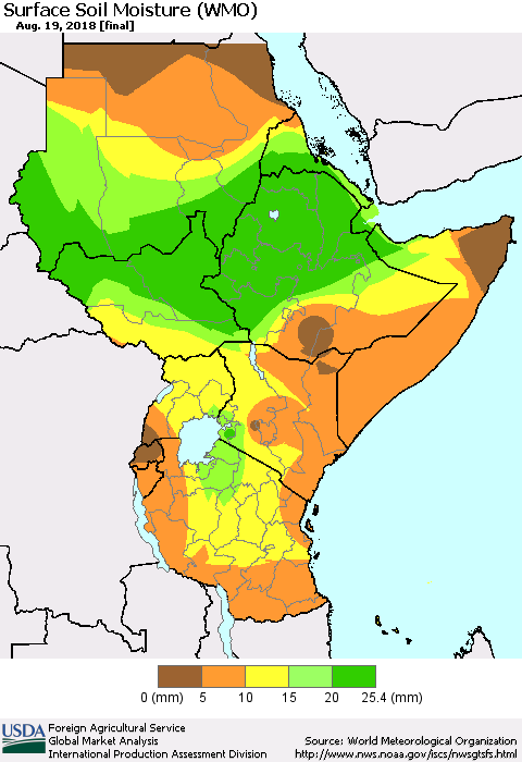 Eastern Africa Surface Soil Moisture (WMO) Thematic Map For 8/13/2018 - 8/19/2018