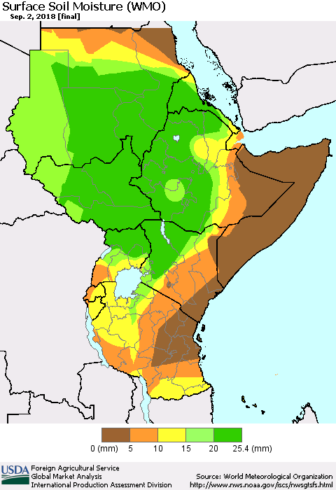 Eastern Africa Surface Soil Moisture (WMO) Thematic Map For 8/27/2018 - 9/2/2018
