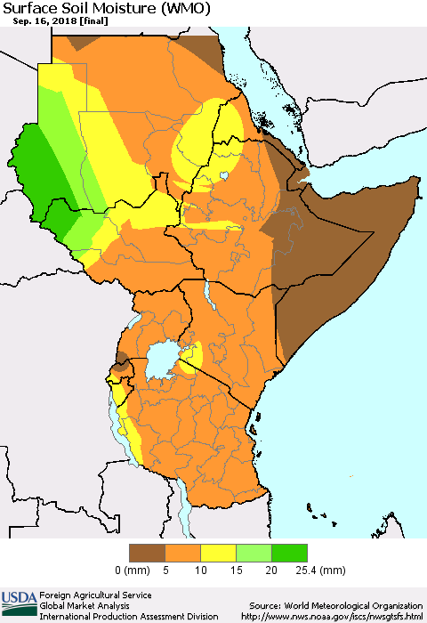 Eastern Africa Surface Soil Moisture (WMO) Thematic Map For 9/10/2018 - 9/16/2018
