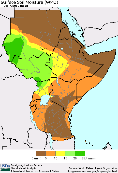 Eastern Africa Surface Soil Moisture (WMO) Thematic Map For 10/1/2018 - 10/7/2018