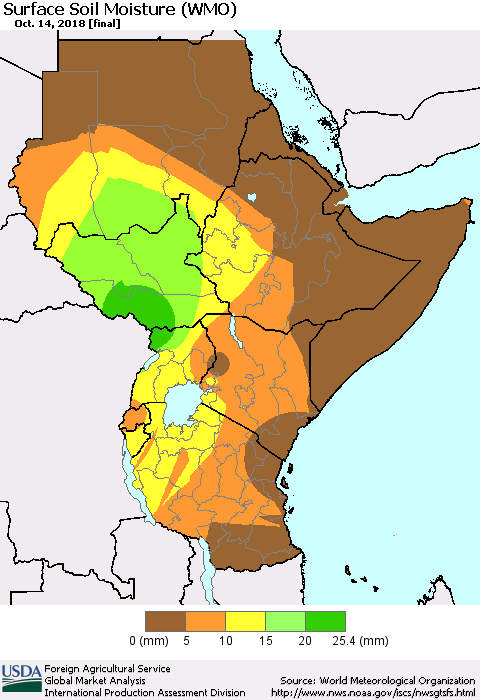 Eastern Africa Surface Soil Moisture (WMO) Thematic Map For 10/8/2018 - 10/14/2018
