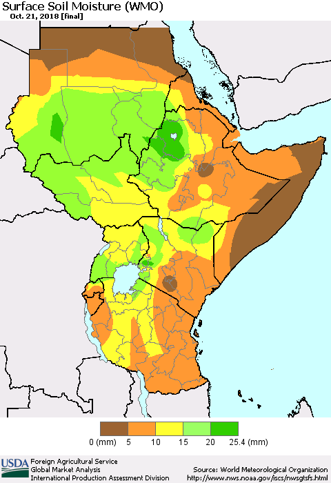 Eastern Africa Surface Soil Moisture (WMO) Thematic Map For 10/15/2018 - 10/21/2018