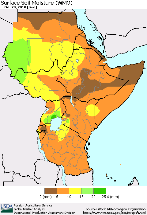 Eastern Africa Surface Soil Moisture (WMO) Thematic Map For 10/22/2018 - 10/28/2018