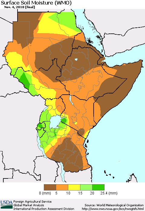 Eastern Africa Surface Soil Moisture (WMO) Thematic Map For 10/29/2018 - 11/4/2018