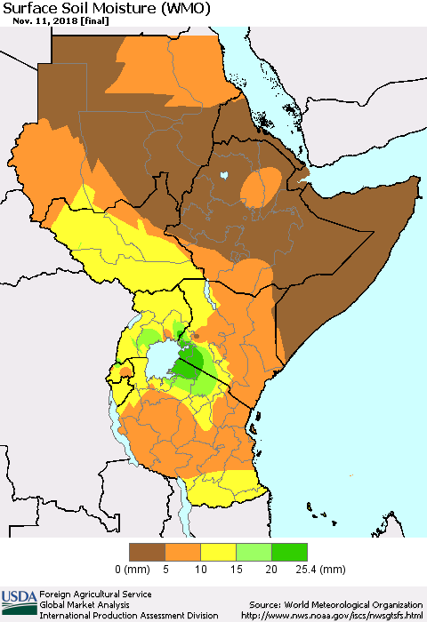 Eastern Africa Surface Soil Moisture (WMO) Thematic Map For 11/5/2018 - 11/11/2018