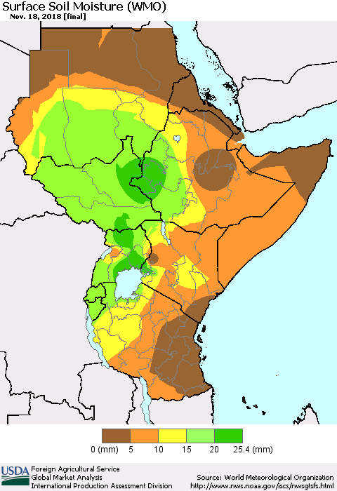 Eastern Africa Surface Soil Moisture (WMO) Thematic Map For 11/12/2018 - 11/18/2018