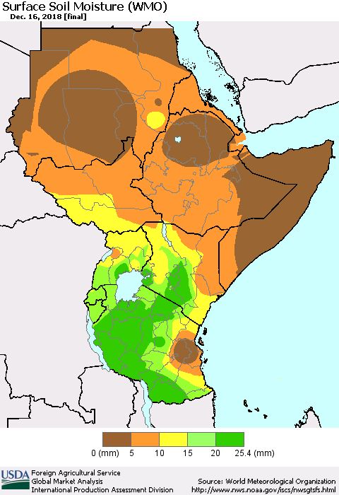 Eastern Africa Surface Soil Moisture (WMO) Thematic Map For 12/10/2018 - 12/16/2018