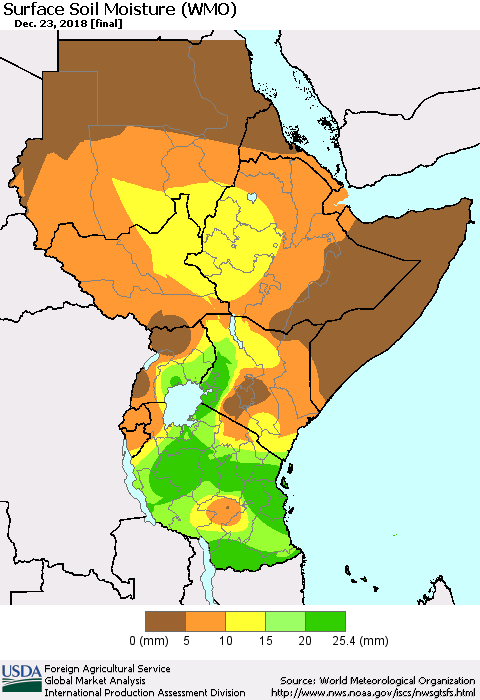 Eastern Africa Surface Soil Moisture (WMO) Thematic Map For 12/17/2018 - 12/23/2018