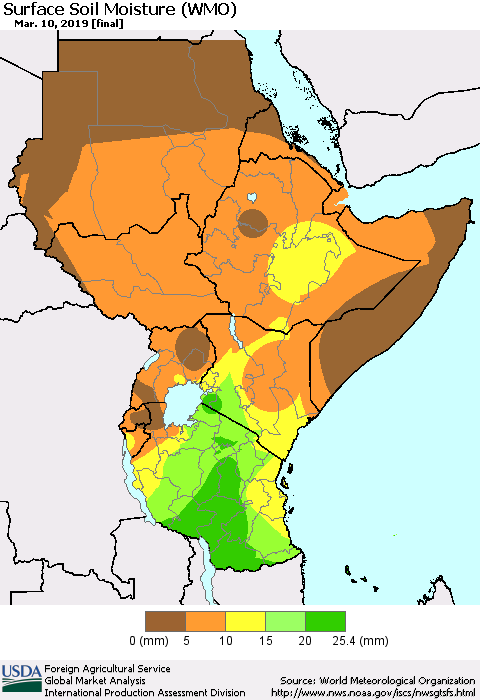 Eastern Africa Surface Soil Moisture (WMO) Thematic Map For 3/4/2019 - 3/10/2019
